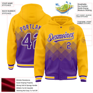 Custom Gold Purple-White Gradient Square Shape 3D Pattern Design Bomber Full-Snap Varsity Letterman Hoodie Jacket