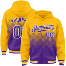 Загрузить изображение в средство просмотра галереи, Custom Gold Purple-White Gradient Square Shape 3D Pattern Design Bomber Full-Snap Varsity Letterman Hoodie Jacket
