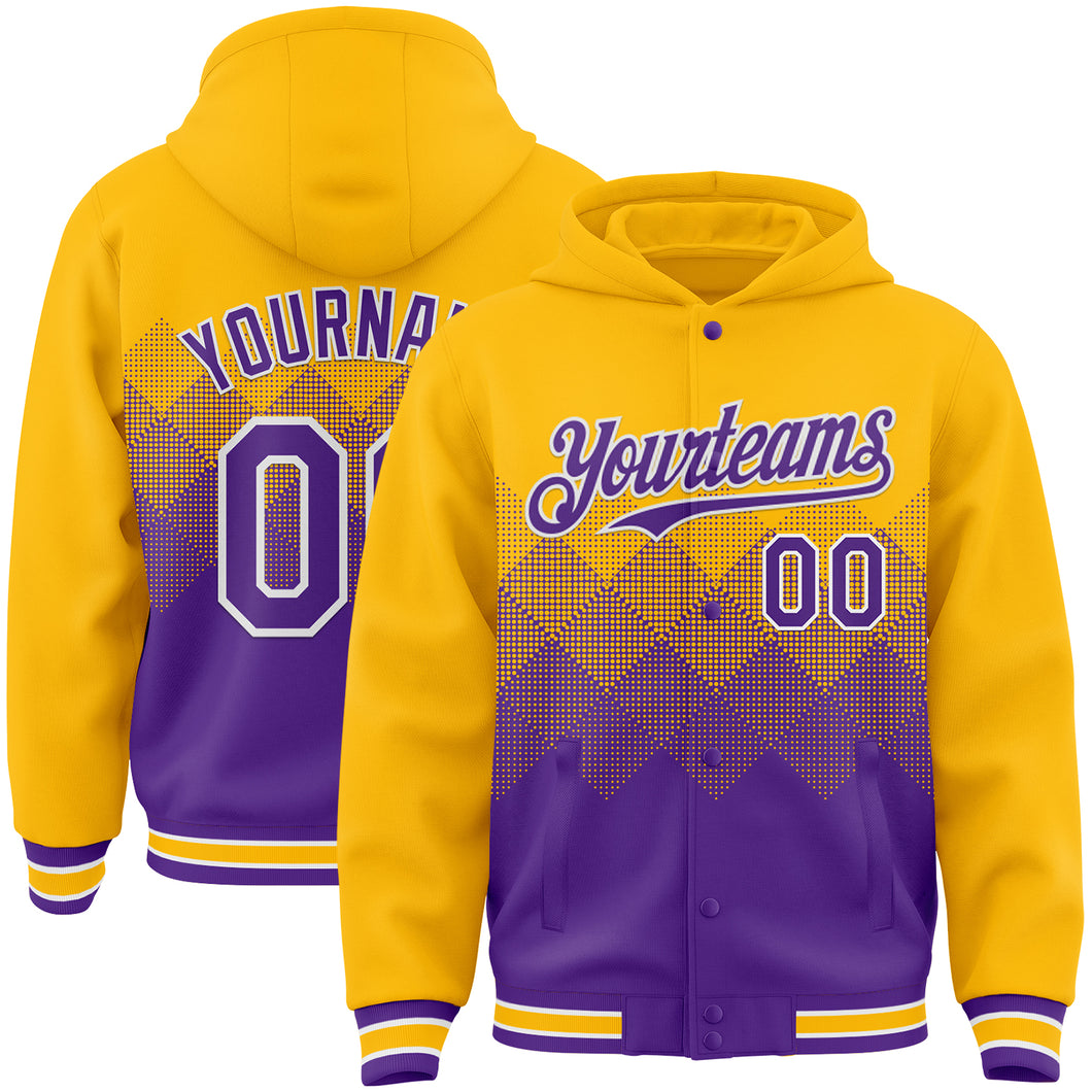 Custom Gold Purple-White Gradient Square Shape 3D Pattern Design Bomber Full-Snap Varsity Letterman Hoodie Jacket