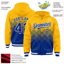 Загрузить изображение в средство просмотра галереи, Custom Gold Royal-White Gradient Square Shape 3D Pattern Design Bomber Full-Snap Varsity Letterman Hoodie Jacket
