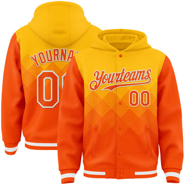 Custom Gold Orange-White Gradient Square Shape 3D Pattern Design Bomber Full-Snap Varsity Letterman Hoodie Jacket