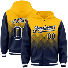 Charger l&#39;image dans la galerie, Custom Gold Navy-White Gradient Square Shape 3D Pattern Design Bomber Full-Snap Varsity Letterman Hoodie Jacket
