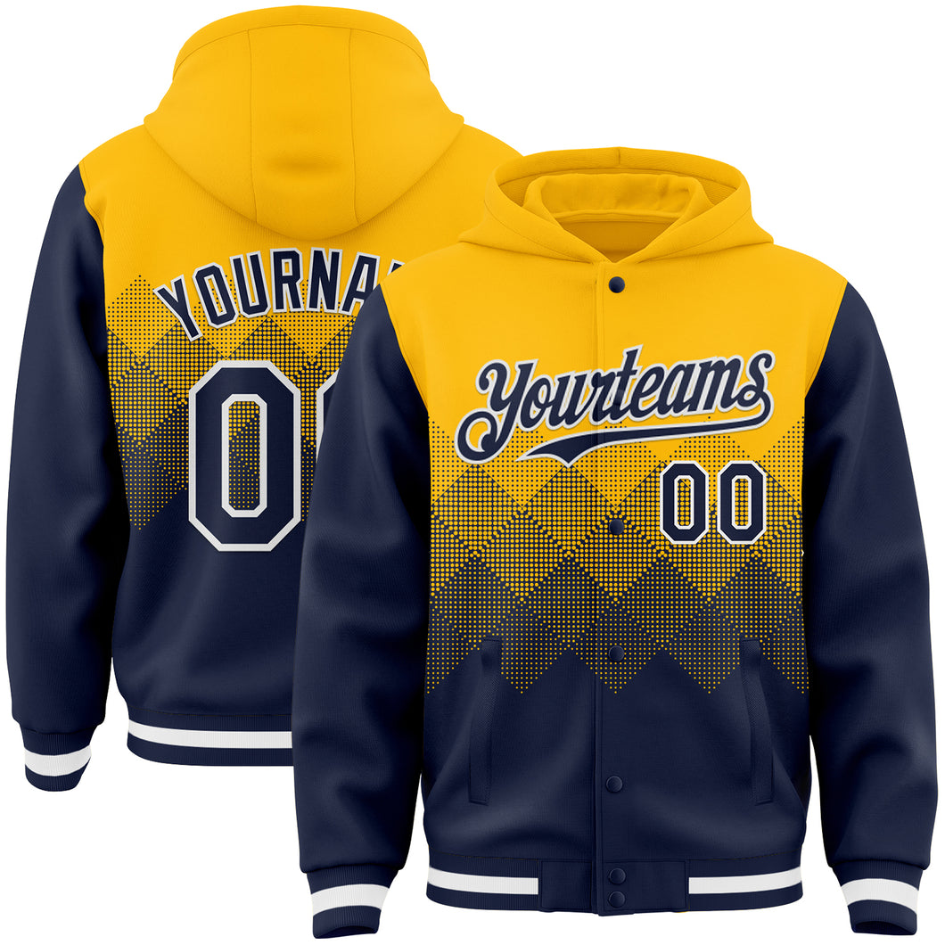 Custom Gold Navy-White Gradient Square Shape 3D Pattern Design Bomber Full-Snap Varsity Letterman Hoodie Jacket