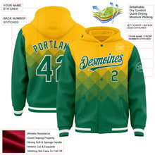 Загрузить изображение в средство просмотра галереи, Custom Gold Kelly Green-White Gradient Square Shape 3D Pattern Design Bomber Full-Snap Varsity Letterman Hoodie Jacket
