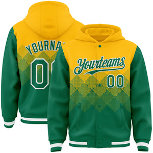 Custom Gold Kelly Green-White Gradient Square Shape 3D Pattern Design Bomber Full-Snap Varsity Letterman Hoodie Jacket