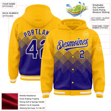 Charger l&#39;image dans la galerie, Custom Gold Dark Purple-White Gradient Square Shape 3D Pattern Design Bomber Full-Snap Varsity Letterman Hoodie Jacket
