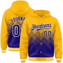 Charger l&#39;image dans la galerie, Custom Gold Dark Purple-White Gradient Square Shape 3D Pattern Design Bomber Full-Snap Varsity Letterman Hoodie Jacket
