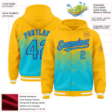 Загрузить изображение в средство просмотра галереи, Custom Gold Lakes Blue-Purple Gradient Square Shape 3D Pattern Design Bomber Full-Snap Varsity Letterman Hoodie Jacket
