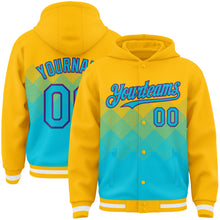 Загрузить изображение в средство просмотра галереи, Custom Gold Lakes Blue-Purple Gradient Square Shape 3D Pattern Design Bomber Full-Snap Varsity Letterman Hoodie Jacket
