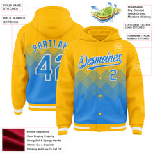 Загрузить изображение в средство просмотра галереи, Custom Gold Powder Blue-White Gradient Square Shape 3D Pattern Design Bomber Full-Snap Varsity Letterman Hoodie Jacket
