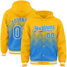 Загрузить изображение в средство просмотра галереи, Custom Gold Powder Blue-White Gradient Square Shape 3D Pattern Design Bomber Full-Snap Varsity Letterman Hoodie Jacket
