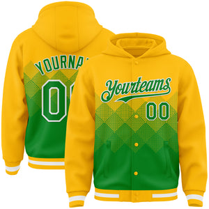 Custom Gold Grass Green-White Gradient Square Shape 3D Pattern Design Bomber Full-Snap Varsity Letterman Hoodie Jacket