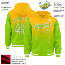 Charger l&#39;image dans la galerie, Custom Gold Neon Green-White Gradient Square Shape 3D Pattern Design Bomber Full-Snap Varsity Letterman Hoodie Jacket
