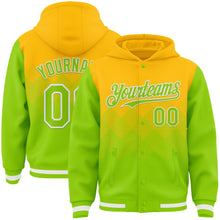 Charger l&#39;image dans la galerie, Custom Gold Neon Green-White Gradient Square Shape 3D Pattern Design Bomber Full-Snap Varsity Letterman Hoodie Jacket
