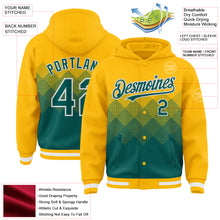 Загрузить изображение в средство просмотра галереи, Custom Gold Midnight Green-White Gradient Square Shape 3D Pattern Design Bomber Full-Snap Varsity Letterman Hoodie Jacket
