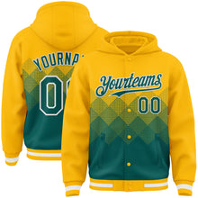 Загрузить изображение в средство просмотра галереи, Custom Gold Midnight Green-White Gradient Square Shape 3D Pattern Design Bomber Full-Snap Varsity Letterman Hoodie Jacket
