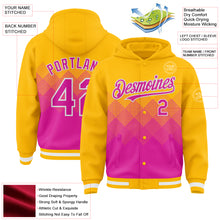 Загрузить изображение в средство просмотра галереи, Custom Gold Deep Pink-White Gradient Square Shape 3D Pattern Design Bomber Full-Snap Varsity Letterman Hoodie Jacket
