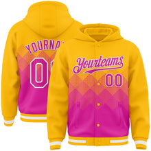 Загрузить изображение в средство просмотра галереи, Custom Gold Deep Pink-White Gradient Square Shape 3D Pattern Design Bomber Full-Snap Varsity Letterman Hoodie Jacket
