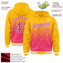 Загрузить изображение в средство просмотра галереи, Custom Gold Neon Pink-White Gradient Square Shape 3D Pattern Design Bomber Full-Snap Varsity Letterman Hoodie Jacket
