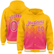 Загрузить изображение в средство просмотра галереи, Custom Gold Neon Pink-White Gradient Square Shape 3D Pattern Design Bomber Full-Snap Varsity Letterman Hoodie Jacket
