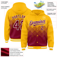 Charger l&#39;image dans la galerie, Custom Gold Maroon-White Gradient Square Shape 3D Pattern Design Bomber Full-Snap Varsity Letterman Hoodie Jacket
