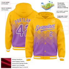 Загрузить изображение в средство просмотра галереи, Custom Gold Medium Purple-White Gradient Square Shape 3D Pattern Design Bomber Full-Snap Varsity Letterman Hoodie Jacket
