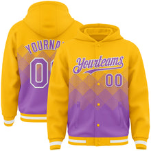 Загрузить изображение в средство просмотра галереи, Custom Gold Medium Purple-White Gradient Square Shape 3D Pattern Design Bomber Full-Snap Varsity Letterman Hoodie Jacket
