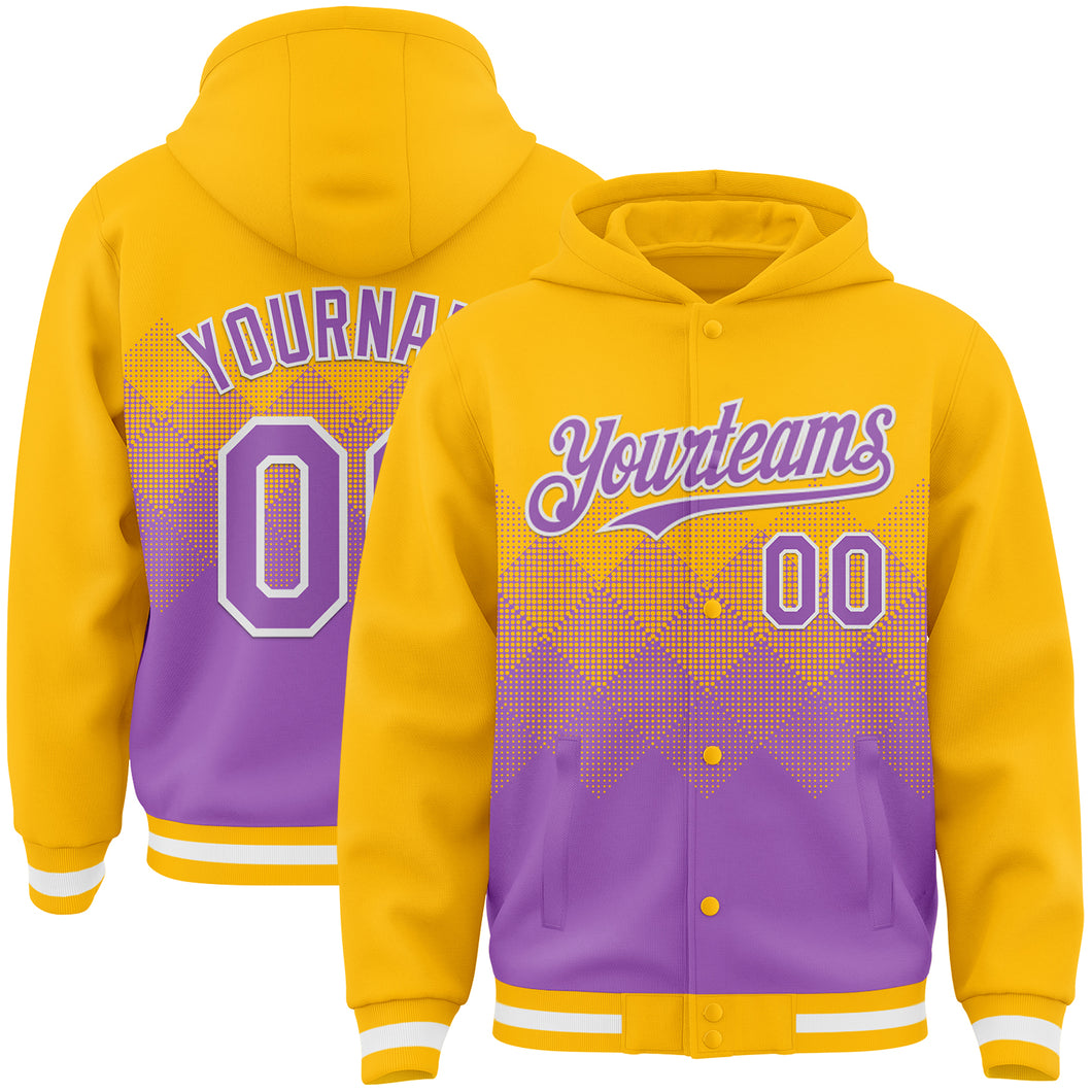 Custom Gold Medium Purple-White Gradient Square Shape 3D Pattern Design Bomber Full-Snap Varsity Letterman Hoodie Jacket