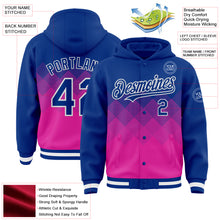 Загрузить изображение в средство просмотра галереи, Custom Royal Deep Pink-White Gradient Square Shape 3D Pattern Design Bomber Full-Snap Varsity Letterman Hoodie Jacket
