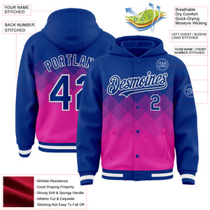 Custom Royal Deep Pink-White Gradient Square Shape 3D Pattern Design Bomber Full-Snap Varsity Letterman Hoodie Jacket