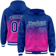 Загрузить изображение в средство просмотра галереи, Custom Royal Deep Pink-White Gradient Square Shape 3D Pattern Design Bomber Full-Snap Varsity Letterman Hoodie Jacket
