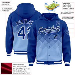 Custom Royal Light Blue-White Gradient Square Shape 3D Pattern Design Bomber Full-Snap Varsity Letterman Hoodie Jacket