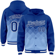 Загрузить изображение в средство просмотра галереи, Custom Royal Light Blue-White Gradient Square Shape 3D Pattern Design Bomber Full-Snap Varsity Letterman Hoodie Jacket
