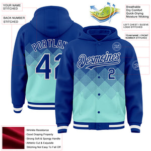 Custom Royal Ice Blue-White Gradient Square Shape 3D Pattern Design Bomber Full-Snap Varsity Letterman Hoodie Jacket