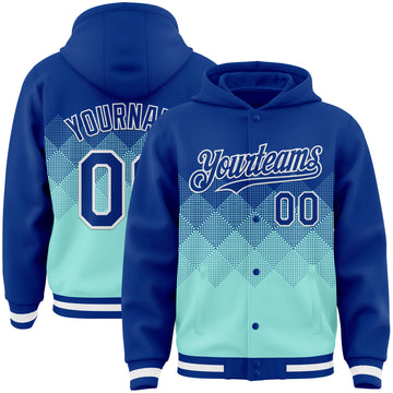 Custom Royal Ice Blue-White Gradient Square Shape 3D Pattern Design Bomber Full-Snap Varsity Letterman Hoodie Jacket