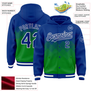 Custom Royal Grass Green-White Gradient Square Shape 3D Pattern Design Bomber Full-Snap Varsity Letterman Hoodie Jacket