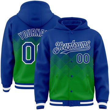 Custom Royal Grass Green-White Gradient Square Shape 3D Pattern Design Bomber Full-Snap Varsity Letterman Hoodie Jacket