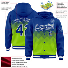 Загрузить изображение в средство просмотра галереи, Custom Royal Neon Green-White Gradient Square Shape 3D Pattern Design Bomber Full-Snap Varsity Letterman Hoodie Jacket
