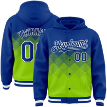 Загрузить изображение в средство просмотра галереи, Custom Royal Neon Green-White Gradient Square Shape 3D Pattern Design Bomber Full-Snap Varsity Letterman Hoodie Jacket
