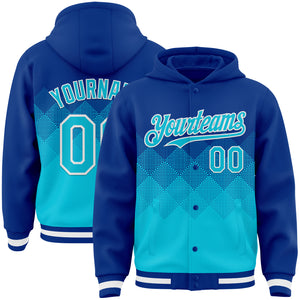 Custom Royal Lakes Blue-White Gradient Square Shape 3D Pattern Design Bomber Full-Snap Varsity Letterman Hoodie Jacket