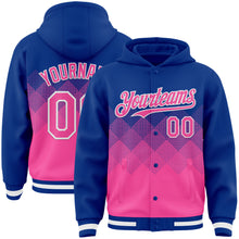 Загрузить изображение в средство просмотра галереи, Custom Royal Pink-White Gradient Square Shape 3D Pattern Design Bomber Full-Snap Varsity Letterman Hoodie Jacket
