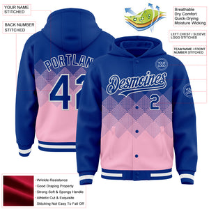 Custom Royal Light Pink-White Gradient Square Shape 3D Pattern Design Bomber Full-Snap Varsity Letterman Hoodie Jacket