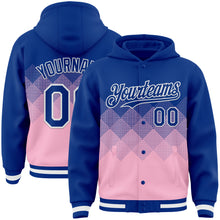 Charger l&#39;image dans la galerie, Custom Royal Light Pink-White Gradient Square Shape 3D Pattern Design Bomber Full-Snap Varsity Letterman Hoodie Jacket
