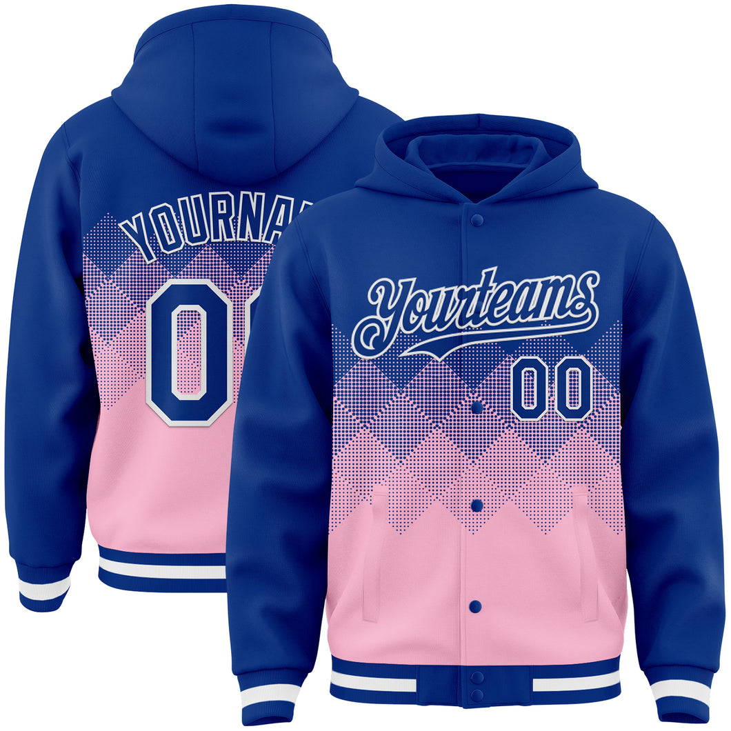 Custom Royal Light Pink-White Gradient Square Shape 3D Pattern Design Bomber Full-Snap Varsity Letterman Hoodie Jacket