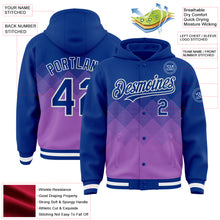 Charger l&#39;image dans la galerie, Custom Royal Medium Purple-White Gradient Square Shape 3D Pattern Design Bomber Full-Snap Varsity Letterman Hoodie Jacket
