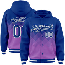 Charger l&#39;image dans la galerie, Custom Royal Medium Purple-White Gradient Square Shape 3D Pattern Design Bomber Full-Snap Varsity Letterman Hoodie Jacket
