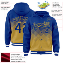 Charger l&#39;image dans la galerie, Custom Royal Old Gold-White Gradient Square Shape 3D Pattern Design Bomber Full-Snap Varsity Letterman Hoodie Jacket
