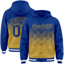 Charger l&#39;image dans la galerie, Custom Royal Old Gold-White Gradient Square Shape 3D Pattern Design Bomber Full-Snap Varsity Letterman Hoodie Jacket
