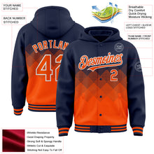 Charger l&#39;image dans la galerie, Custom Navy Orange-White Gradient Square Shape 3D Pattern Design Bomber Full-Snap Varsity Letterman Hoodie Jacket
