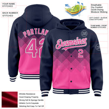 Загрузить изображение в средство просмотра галереи, Custom Navy Pink-White Gradient Square Shape 3D Pattern Design Bomber Full-Snap Varsity Letterman Hoodie Jacket
